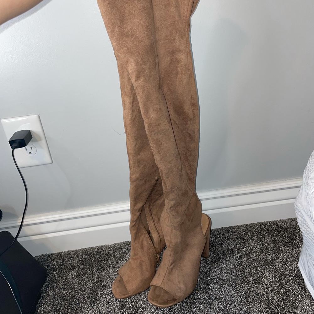 Thigh high open toe boots